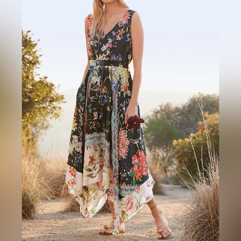 Johnny Was Black Floral Midi Dress with Multicolor Bloom